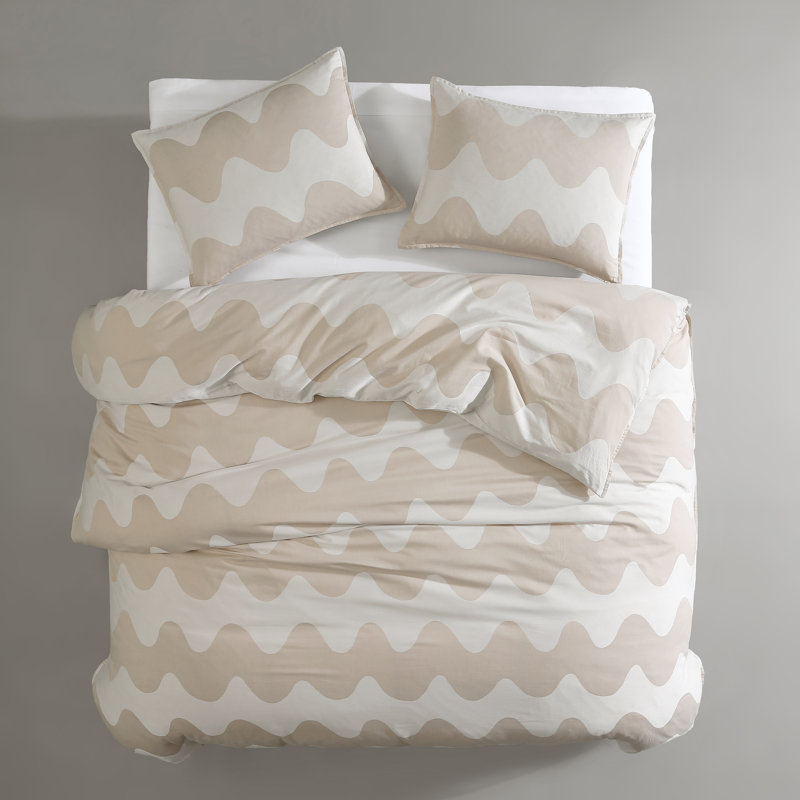 Lokki Beige/White Organic 100% Cotton Duvet Cover Set, King Duvet Cover + 2 King Shams