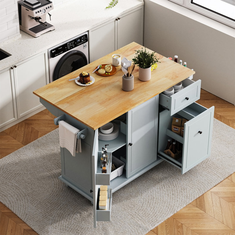 Îlot de cuisine avec abattant, chariot de cuisine sur roulettes de 53,9 po de largeur, Bleu