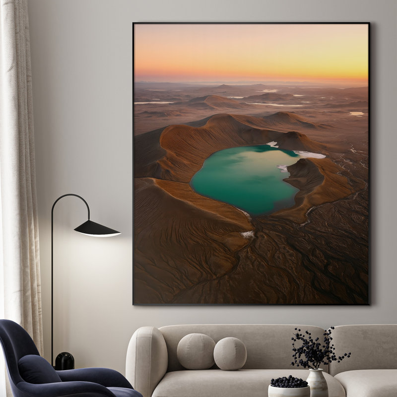 Très grande reproduction d'art sur toile - Lac de cratère turquoise au coucher du soleil, décoration d'art pour le salon ou la chambre à coucher - «Assemblage requis du cadre (cadre non fini)»