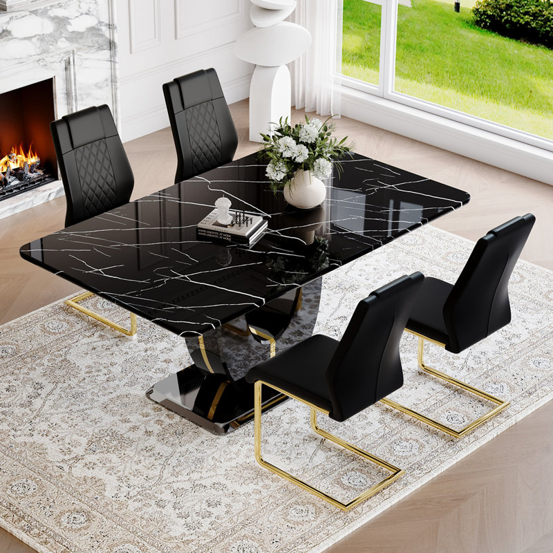 63″ Marble Patterned Dining Table Set for 4‑6 – Modern Rectangular Dining Table with Comfortable Chairs, Kitchen & Dining Room Set