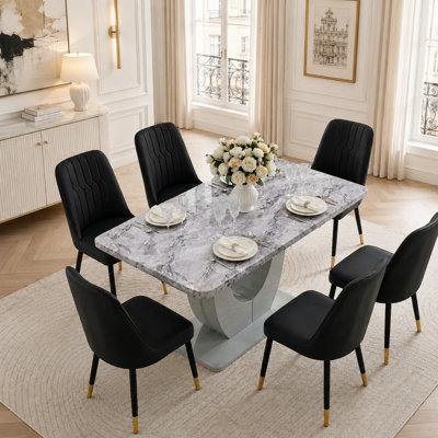 5-Piece Modern Rectangular 63" Faux Marble Dining Table Set with Upholstered Chairs