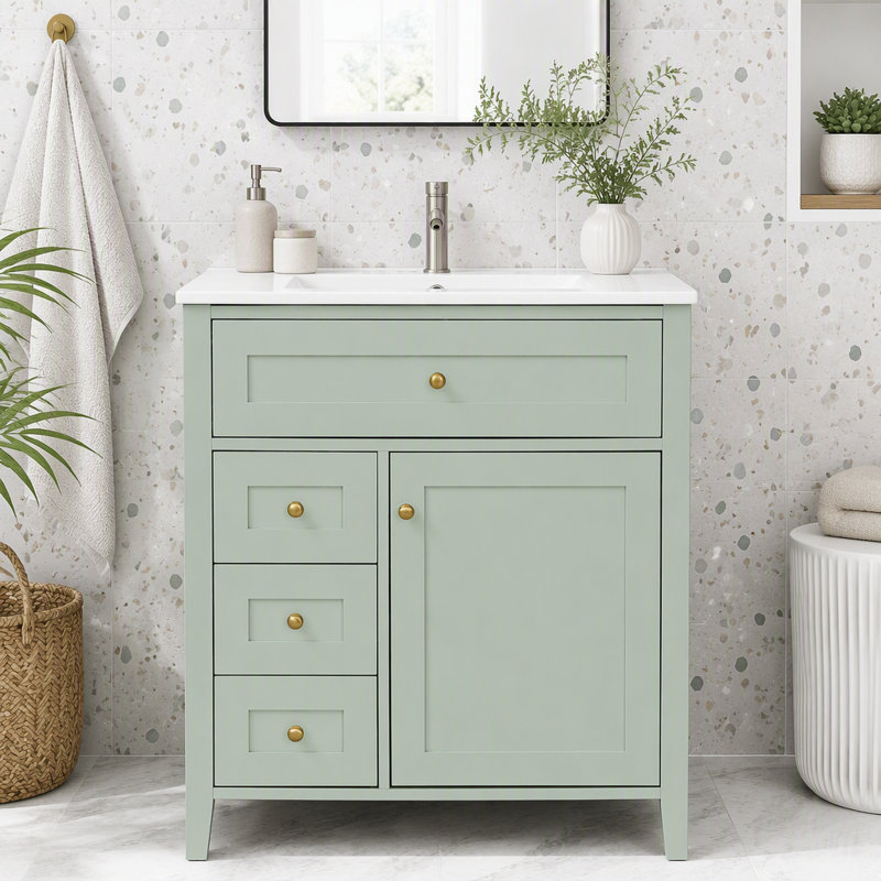 Meuble-lavabo de 30 po avec lavabo et grand rangement, Porte verte à droite, 30