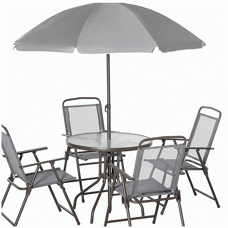 Ensemble de salle à manger de patio pour 4 personnes avec parasol, table d'extérieur et 4 chaises pliantes et table ronde en verre Outsunny pour le jardin, la cour et la piscine, gris