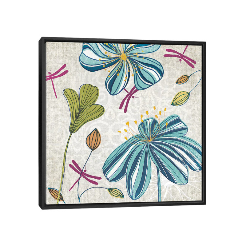 « fleurs & libellules », reproduction d’impression sur toile tendue, H 18 po x l 18 po x P 1,5 po, Toile encadrée noire