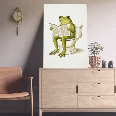 Canvas Wall Art Frog On Toilet Reading Newspaper Canvas Wall Art Funny Bathroom Print-1 Vintage Poster Print Home Decor