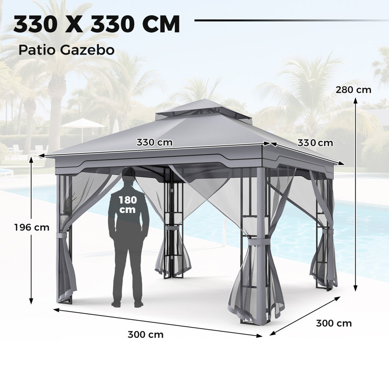 3.3 X 3.3 M Double Roof Soft Top Patio Gazebo With Zippered Mesh Netting
