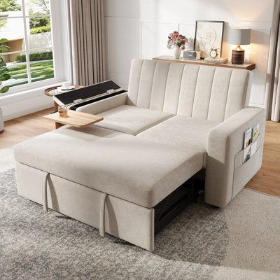 2 Seater Pull Out Sofa Bed with 3-Position Adjustable Backrest, Convertible Fabric Sofa Bed with USB & Type-C Charging, Hidden Side Table and Cup Holder