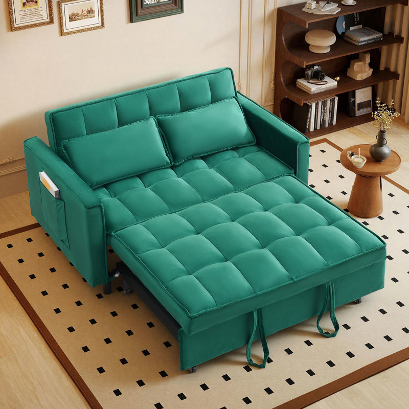 55'' Velvet Upholstered Reclining Convertible Sleeper Pull Out Sofa Bed with Side Storage Pockets, Multi-Functional Adjustable Backrest Couch
