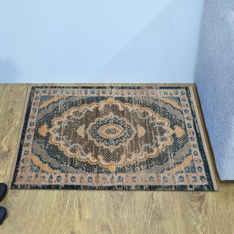 TAPIS EN POLYESTER MACHINE - 2 pi x 3 pi 10 po, de forme rectangulaire, de couleur jaune noir, de style oriental traditionnel classique, de tapis à poils courts fabriqués à la machine