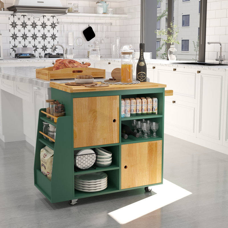 Îlot de cuisine, chariot de cuisine et chariot de service sur roulettes avec porte-épices, chariot de rangement utilitaire avec tiroirs de rangement, vert, îlot de cuisine