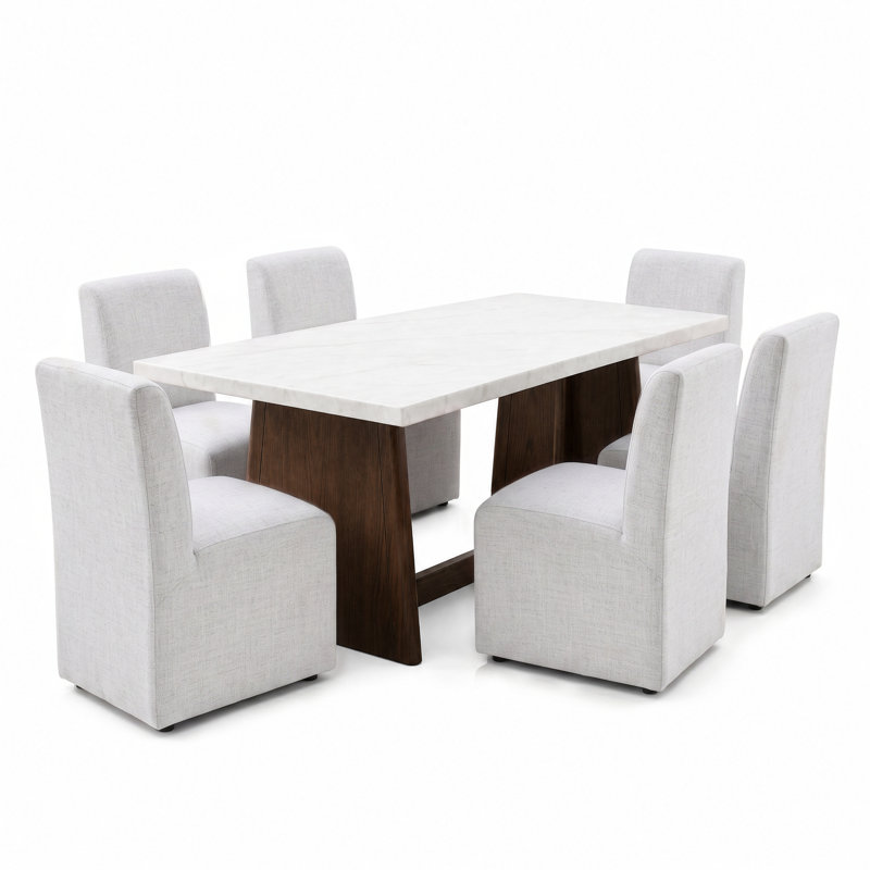Ensemble de table de salle à manger en marbre véritable 70 pièces avec chaises rembourrées Philip, 7 Pieces: Table, 6 Chairs