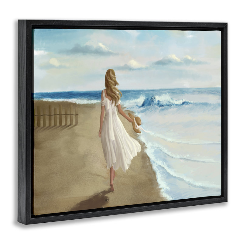 «Walk On The Beach», peinture sur toile encadrée flottante à grain brun par Ziwei Li, Cadre flottant noir de jais