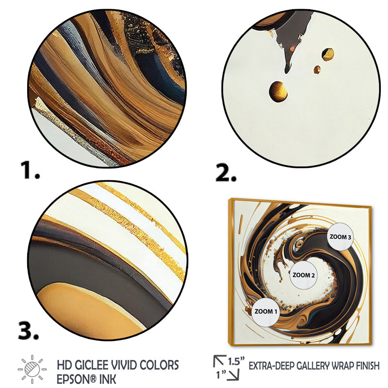 Cercle noir et or IV - art mural moderne sur toile, L 36 po x H 36 po, Toile avec cadre flottant or