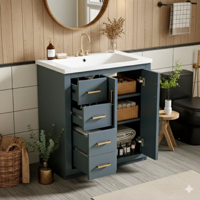 Ensemble de meuble-lavabo 30 po avec lavabo en céramique, armoire de rangement à cadre en bois massif, ensemble de meuble-lavabo autoportant avec trois tiroirs et portes à fermeture en douceur