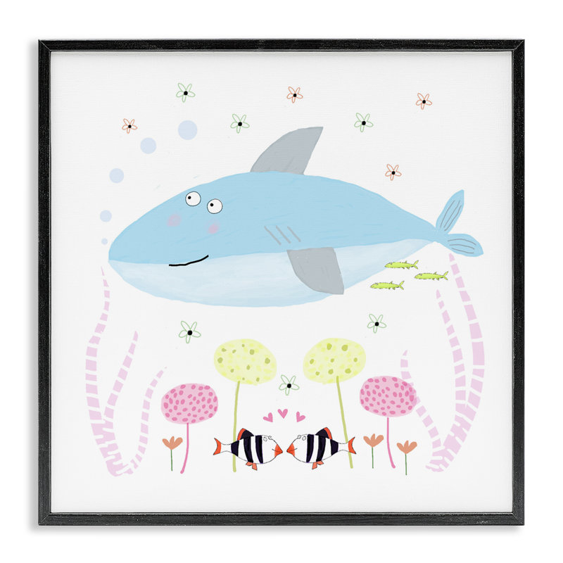 Bébé requin et fleurs, estampe numérique, design par Carla Daly, Giclée encadrée noir minuit, H 12 po x l 12 po