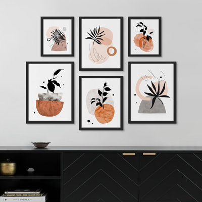 «Collage Retro Plant Silhouette Watercolor Blots Nature Shapes», art moderne encadré sur papier, 6 pièces