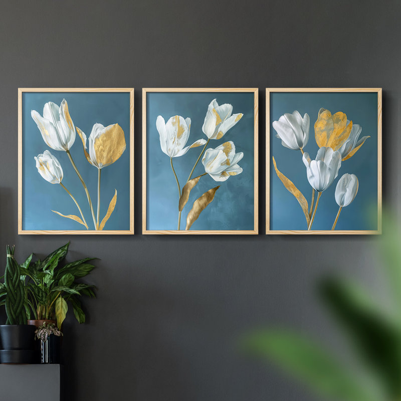 Étude florale XLVI -Set de 3 estampes numériques giclées -Prêt à accrocher, H 28 po x l 22 po, Encadré naturel