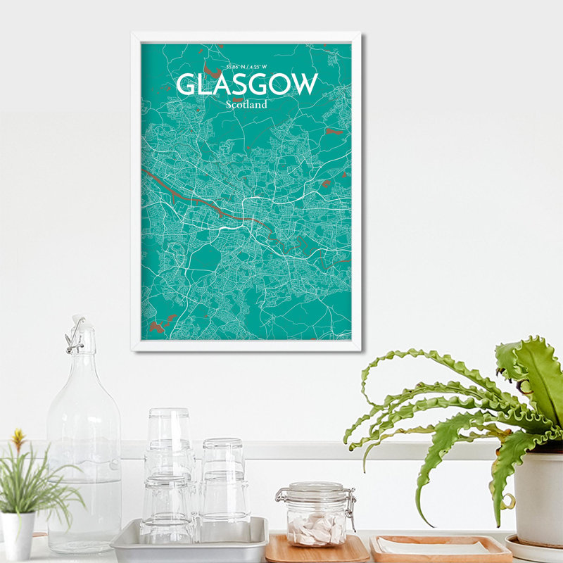 Carte de la ville de Glasgow, impression à l'encre, Vert / brun, H 27,6 po x l 19,7 po