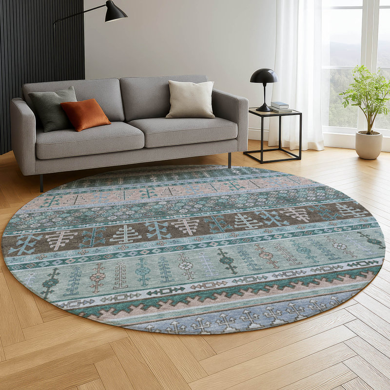 Premium Machine Washable Mayfield AMF2160 Striped Rug, Round 8', Emerald