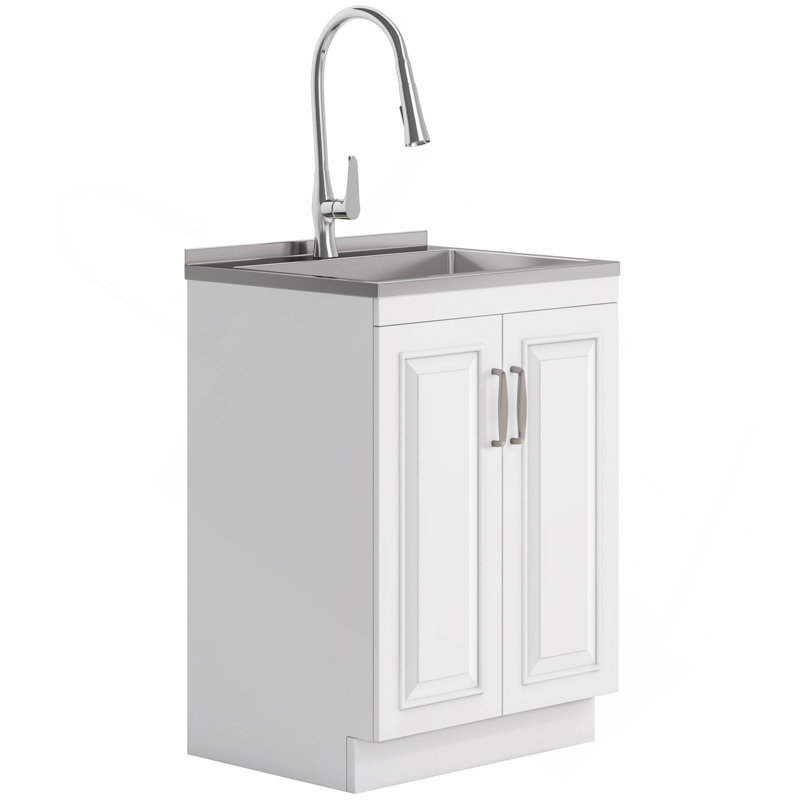 Darwin - Armoire de buanderie de luxe 24 "avec robinet coulissant et évier en acier inoxydable - Blanc, 24"