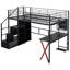 Lit mezzanine double en métal avec poste de travail intégré, garde-robe, escalier de rangement et lumière DEL, noir