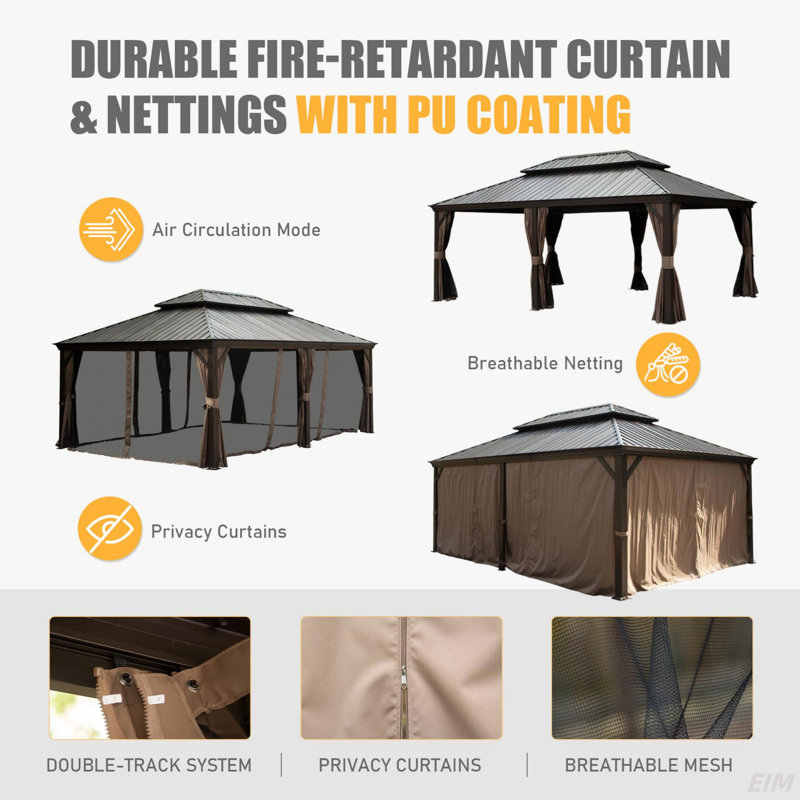 Hardtop Gazebo, Permanent Metal Gazebo With Galvanized Steel Double Roof And Aluminum Frame, Curtain And Netting, Large Pavilion Gazebo