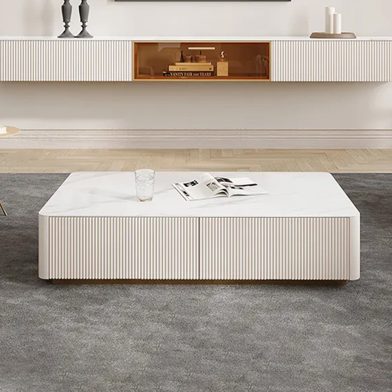 Table basse 51,5 po moderne en faux marbre, table basse rectangulaire avec quatre tiroirs et base en acier inoxydable