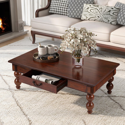 Table basse rectangulaire en bois avec tiroir de rangement, table de cocktail rétro avec pieds en bois massif en forme de gourde pour le salon, assemblage sans outils