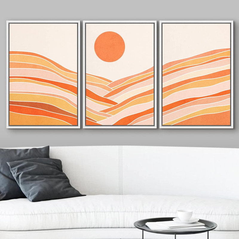 " Vibrant Pastel Orange Sun Landscape Abstract Nature Modern Art Decor Panorama Multicolor " 3 - Pieces, Naturel