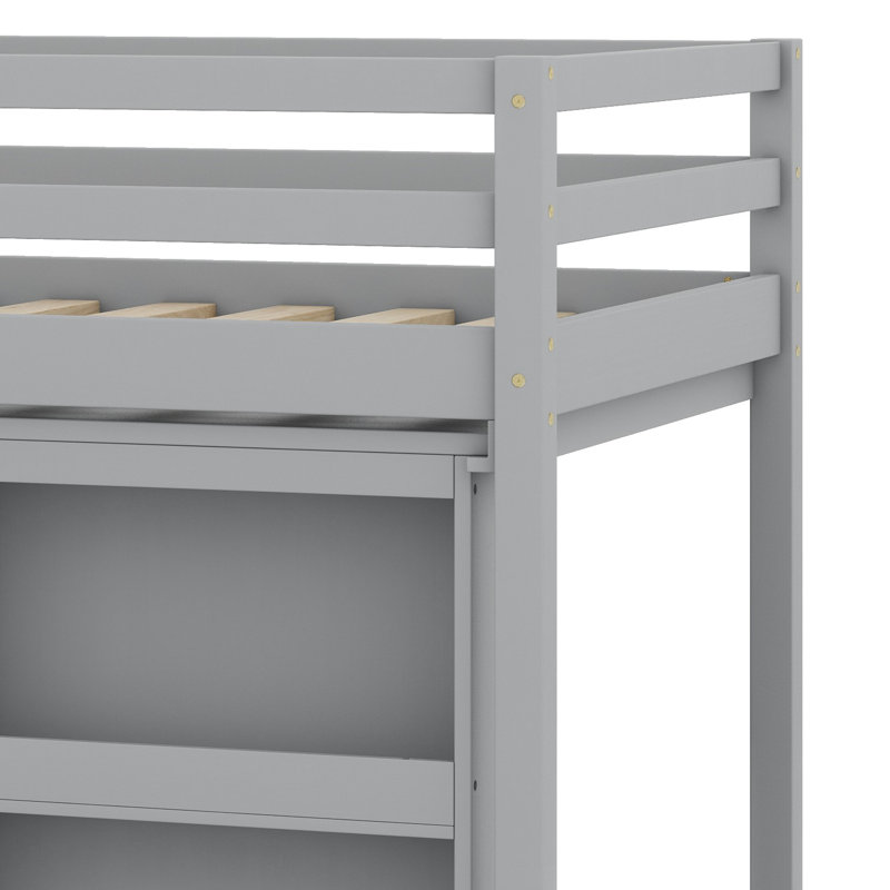 Twin Size  Loft Bed – Drawer Cabinet, Shelf Cabinet, Pull-Out Desk, Safety Guardrail & Ladder