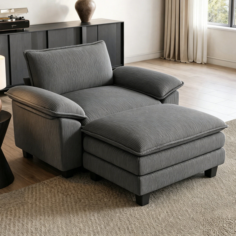  Fauteuil surdimensionné et demi avec repose-pieds Colbey, Velours côtelé gris Lena