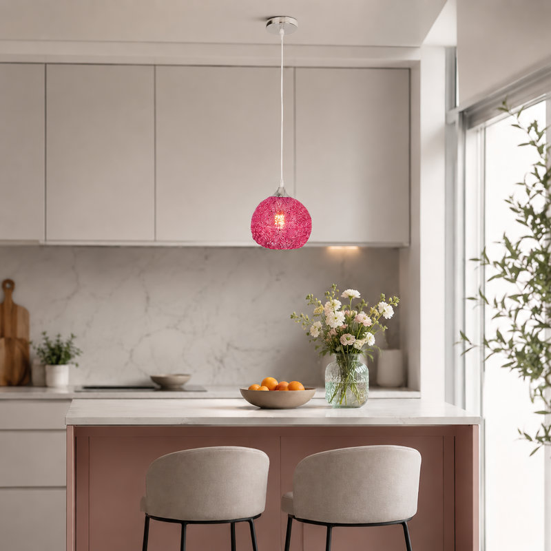 Luminaire suspendu simple en forme de globe en fil de fer rose à finition chromée pour îlot de cuisine