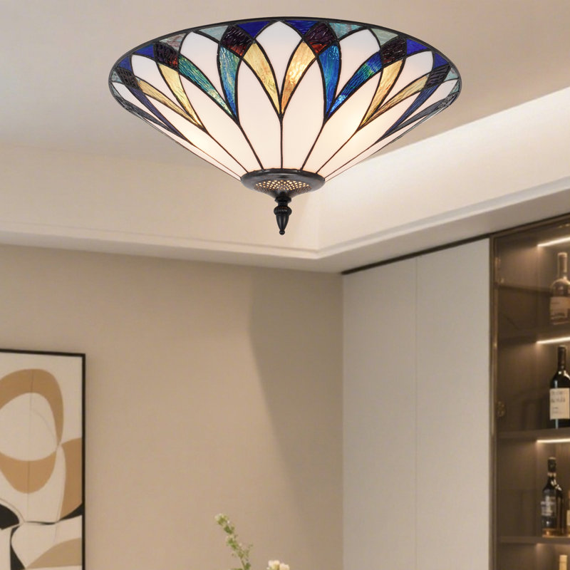 18" Colorful Floral Design Tiffany-style Stained Glass Flush Mount Ceiling Light