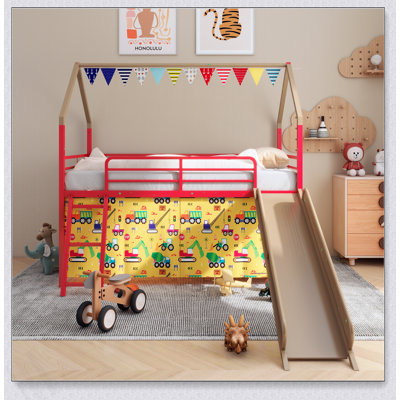 Jack Metal Junior House Twin Loft Bed With Slide And Curtain Set, Super Hero Color Gold And Red