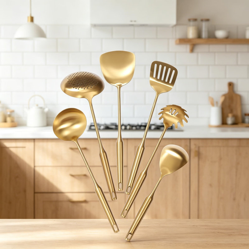 Ensemble d'ustensiles de cuisine 7 pièces en acier inoxydable avec support, 304 outils de cuisson de qualité comprenant une louche, une cuillère, une spatule, une fourchette à pâtes, des accessoires de finition en laiton durables et élégants pour les chefs de maison
