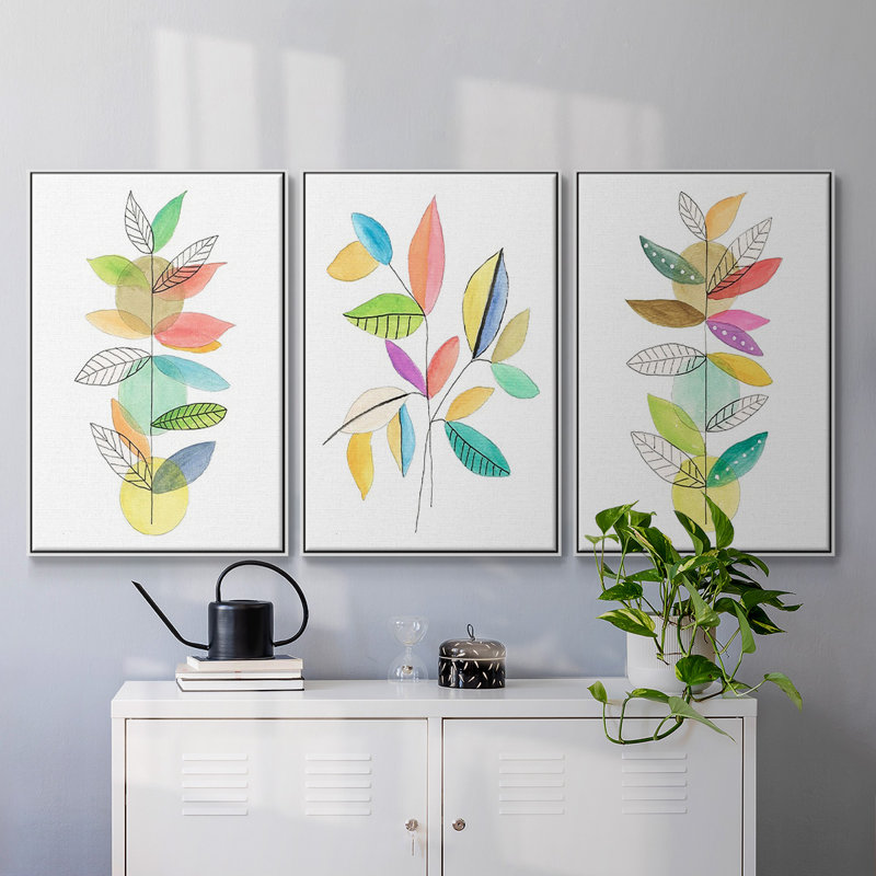 Moon Rising Leaves I, ensemble de 3 toiles encadrées sur toile, Blanc, H 27 po x l 54 po