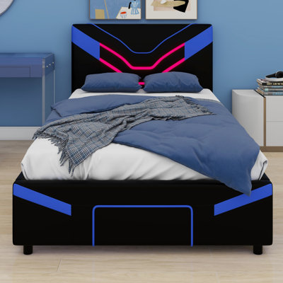 Minimalist Bed Frame with LED Lights and Built-in Drawers