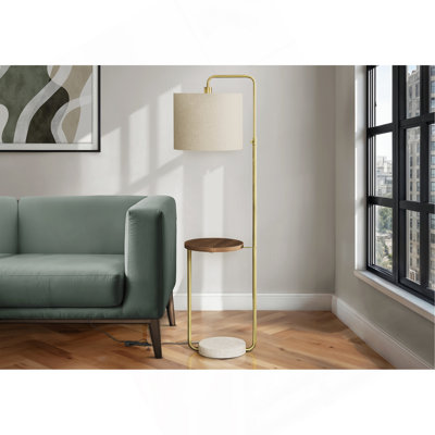 Éclairage, lampe sur pied, port USB inclus, laiton, abat-jour beige, contemporain