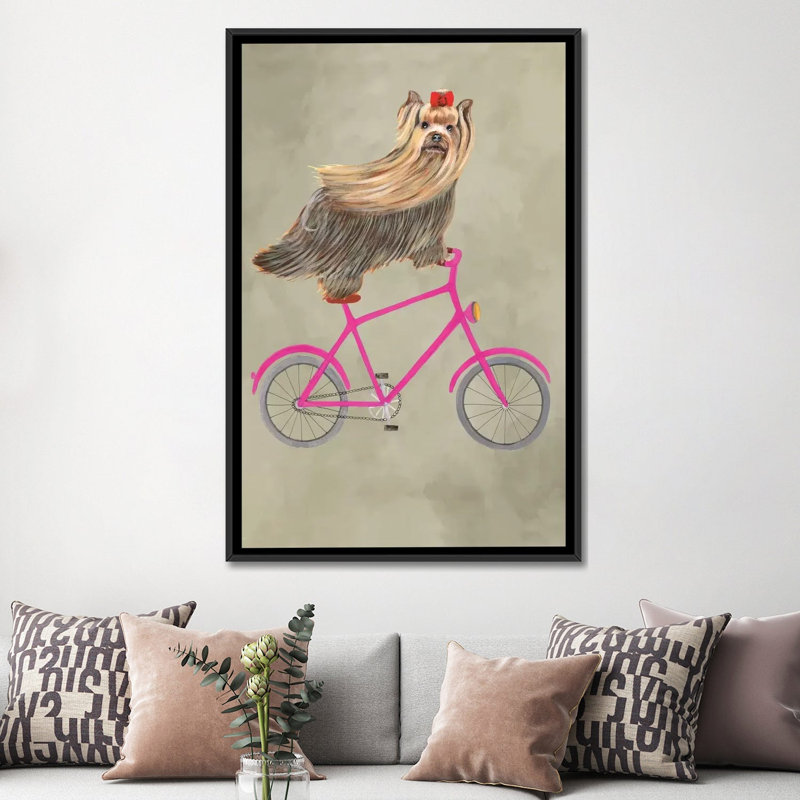 «Yorkshire on Bicycle», reproduction d'art sur toile, H 60 po x l 40po x P 1,5 po, Toile avec cadre noir, Pas de tapis