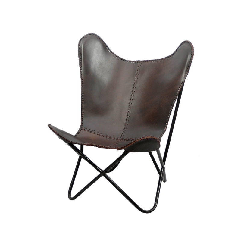 Fauteuil papillon en cuir véritable de 31 po de largeur Aldo, Noir, Cuir véritable brun foncé