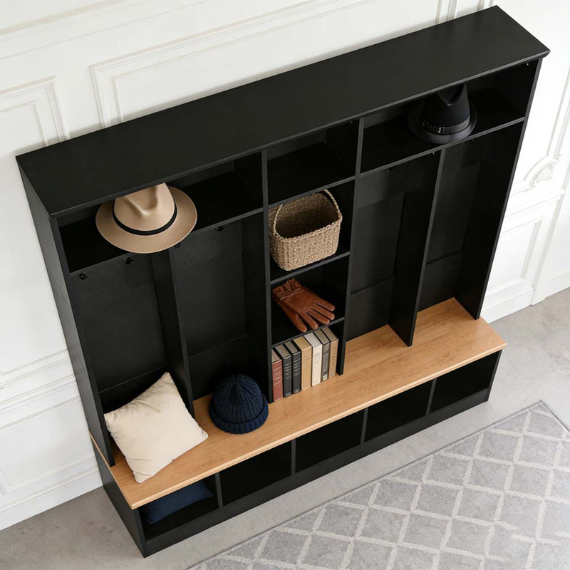 Wide Design Hall Tree with Storage Bench, Minimalist Shoe Cabinet with Cube Storage & Shelves, Black