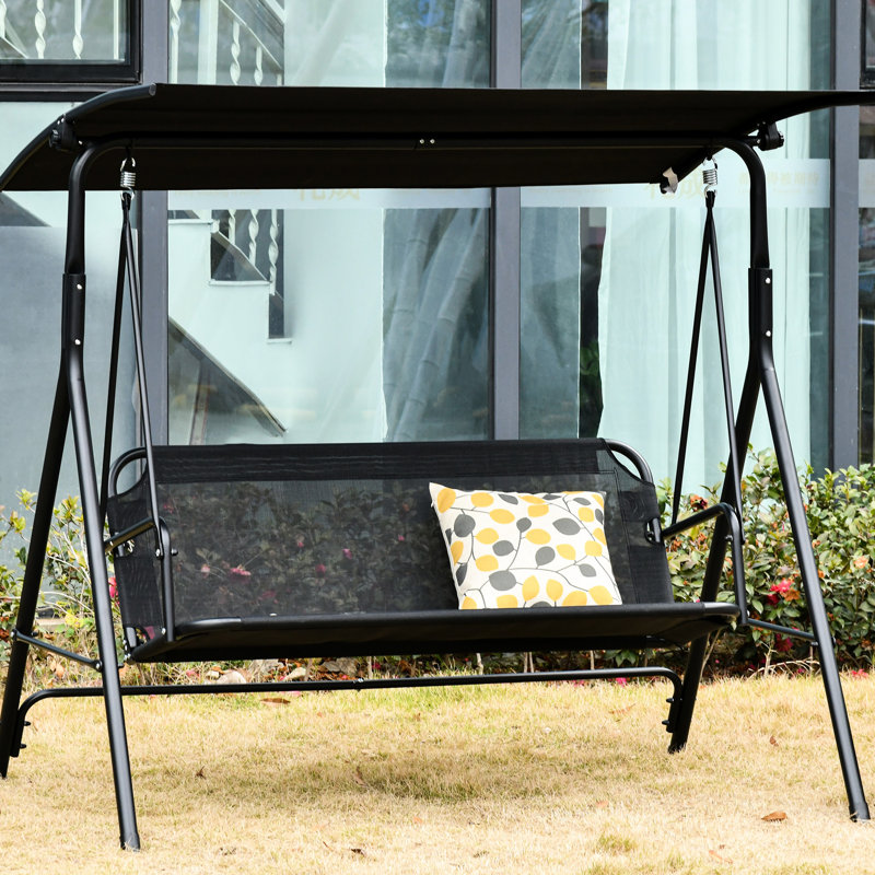 Outdoor Swing Chair With Canopy For 2 - Tiltable Roof, , Breathable Fabric, Steel Frame, Black, Garden Adults Patio Mesh Back, Tilt Adjustable, Poolside, Patio,