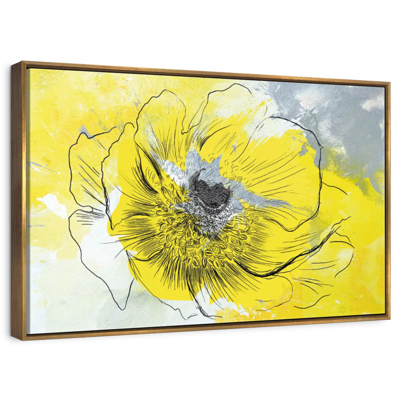 Fleur jaune vif, 46 po x 31 po, Cadre flottant doré