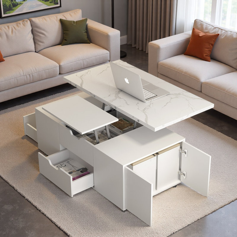 Table basse relevable moderne avec 2 tabourets, rangement caché, tiroirs et table pliante
