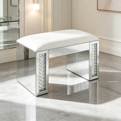 Modern Minimalist Ivory Upholstered Vanity Stool, Mirrored Base with Faux Crystals Inlays