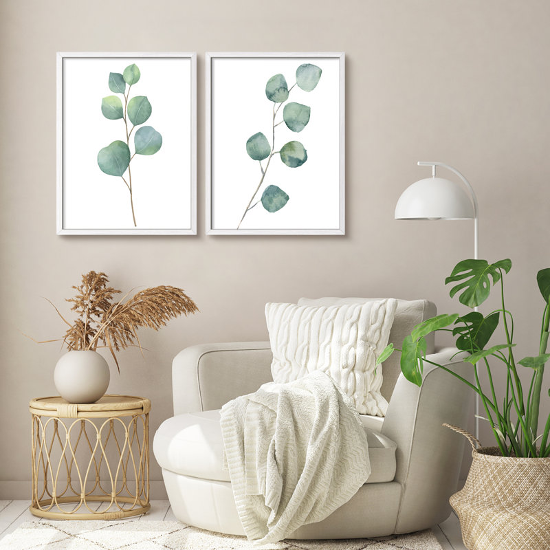 «Green Plants Botanical Minimalist Modern», impression encadrée, affiches, salle de bain, petit art mural, Blanc / Blanc