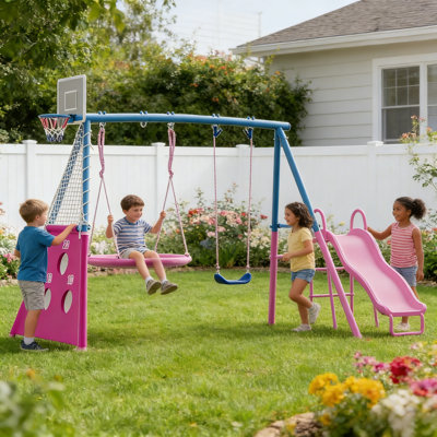 Heavy-Duty Metal Swing Set for Kids 5 in 1 with Slide, Saucer Swing, Belt Swing, Soccer Goals and Basketball Hoop