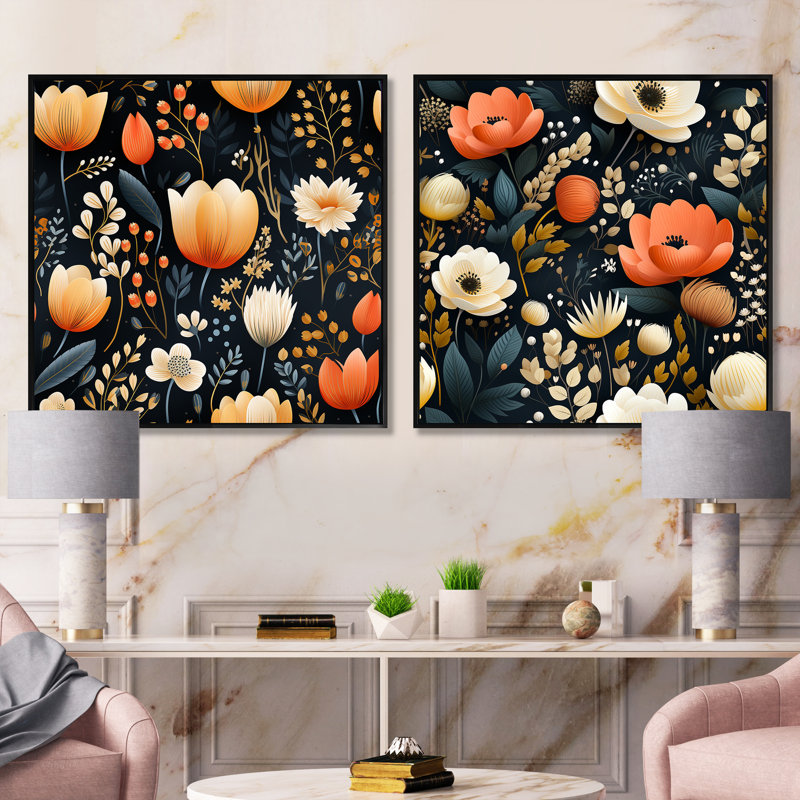 Galets - Ensemble de 2 collages carrés floraux, Cadre flottant noir, H 30 po x l 61 po