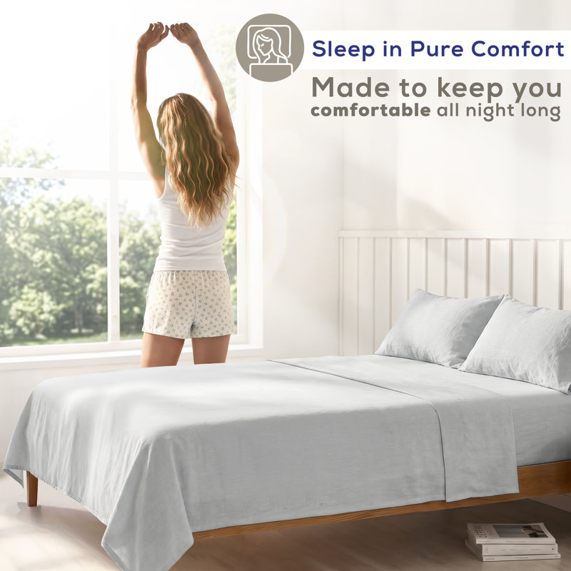 Ensemble de draps en percale 100% coton lavé - comprend 1 drap plat, 1 drap-housse et 2 taies d'oreiller, Light Gray