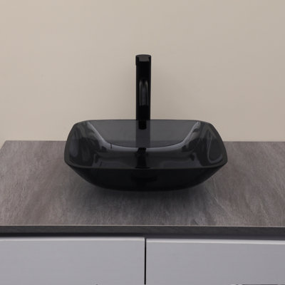 16 in. x 16 in. Black Clear Glass Rectangular Vessel Basin Glass Circular Bathroom Sink with Black Pop-up Drain